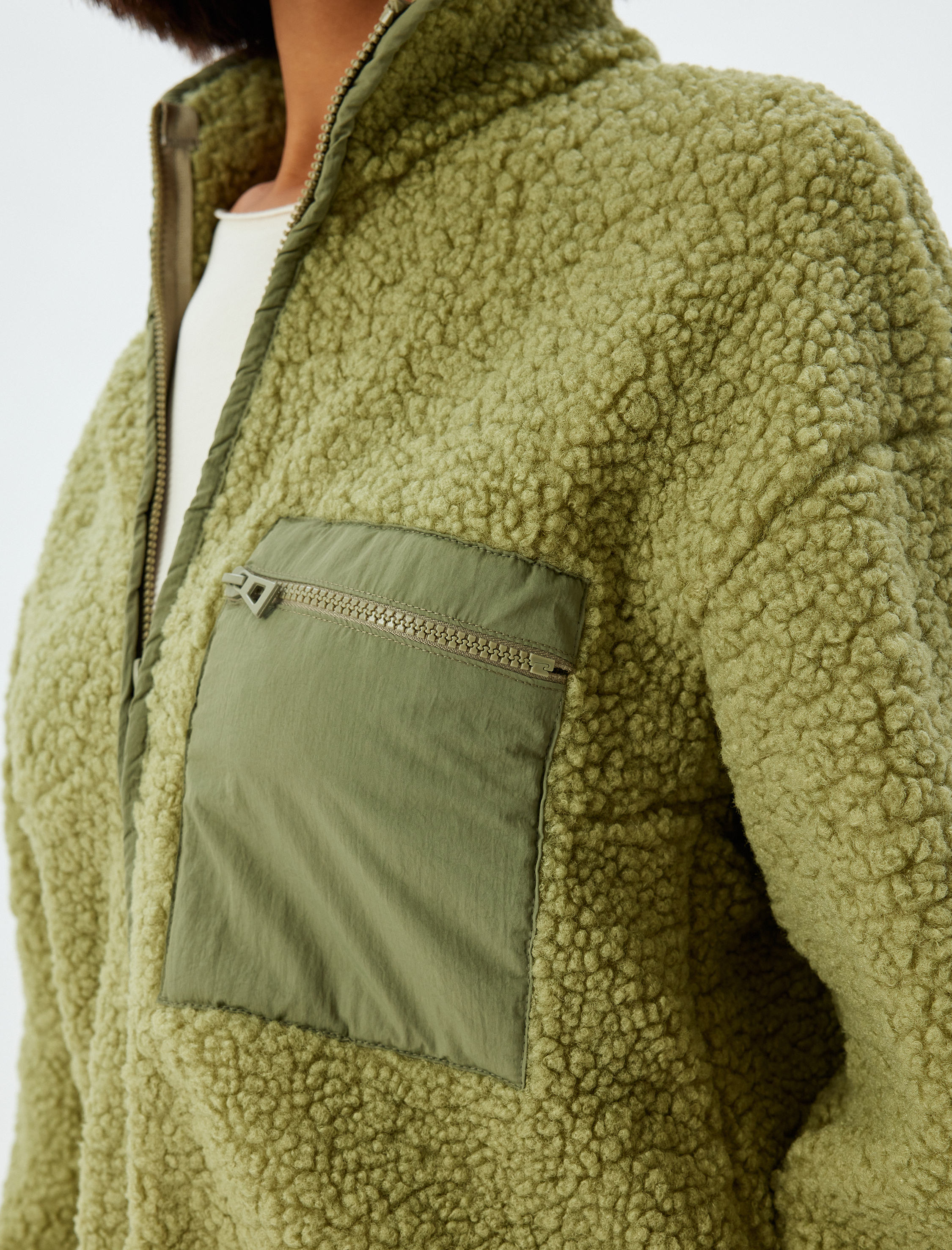   Peluş Sweatshirt Oversize Fermuarlı Cep Detaylı Dik Yaka