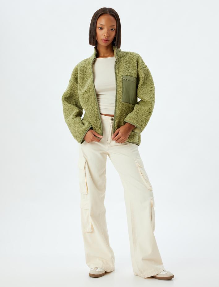  Peluş Sweatshirt Oversize Fermuarlı Cep Detaylı Dik Yaka