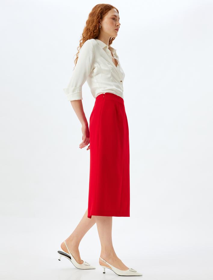  Arkadan Yırtmaç Detaylı Midi Boy A Kesim Etek