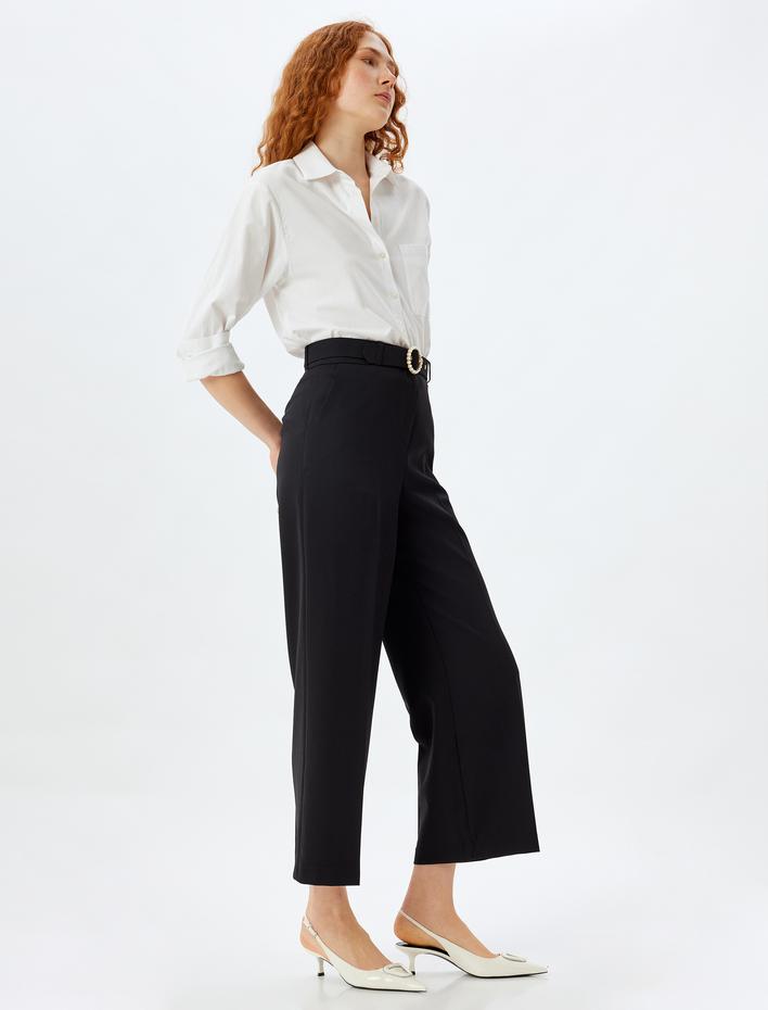  Yüksek Bel Kısa Bol Paça İnci Kemer Detaylı Pantolon