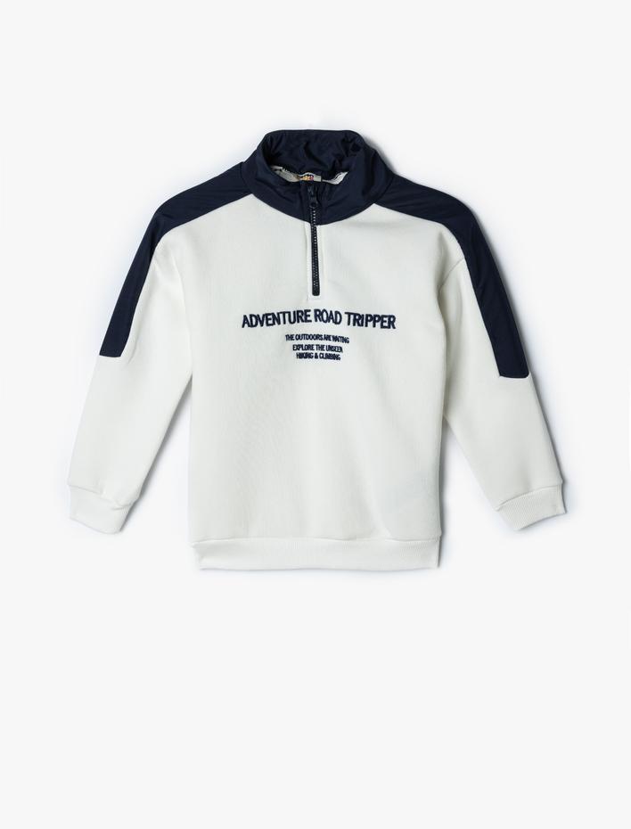 Erkek Çocuk Sweatshirt Dik Yaka Yarım Fermuarlı Uzun Kollu Baskılı Şardonlu