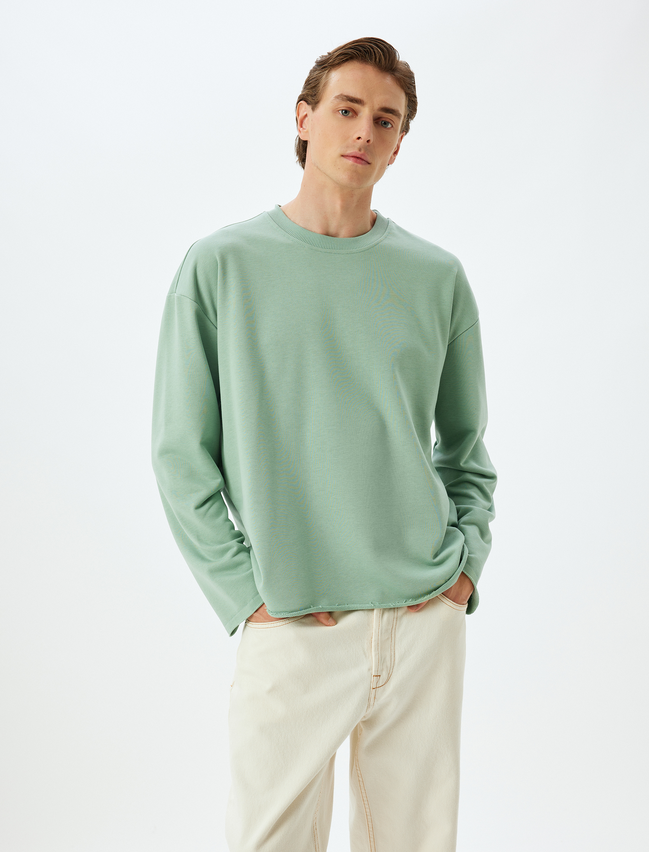   Oversize Sweatshirt Bisiklet Yaka Dikiş Detaylı Pamuklu