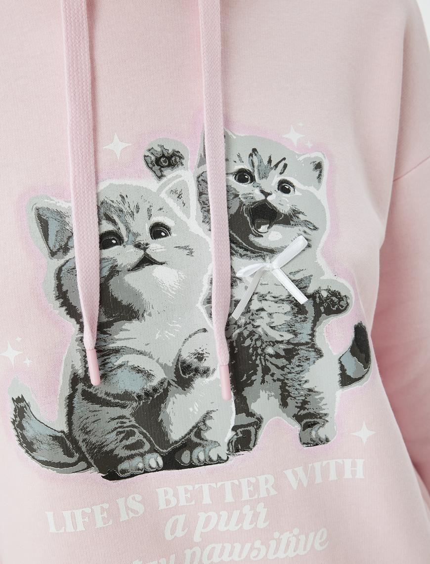   Kedi Baskılı Sweatshirt Kapüşonlu Şardonlu Rahat Kalıp