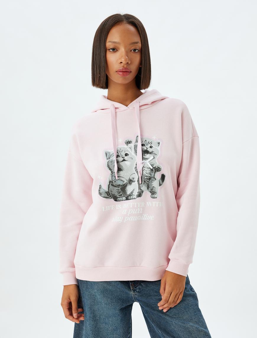   Kedi Baskılı Sweatshirt Kapüşonlu Şardonlu Rahat Kalıp