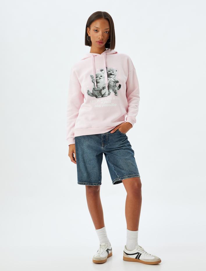  Kedi Baskılı Sweatshirt Kapüşonlu Şardonlu Rahat Kalıp