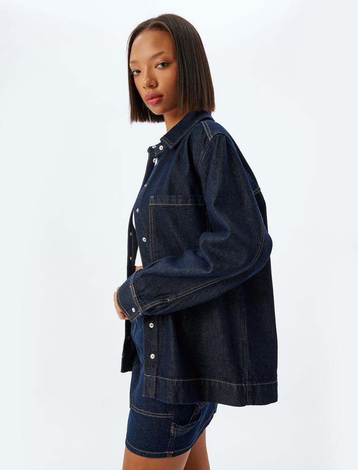  Kot Gömlek Oversize Klasik Yaka Dikiş Detaylı Cepli Çıtçıt Düğmeli