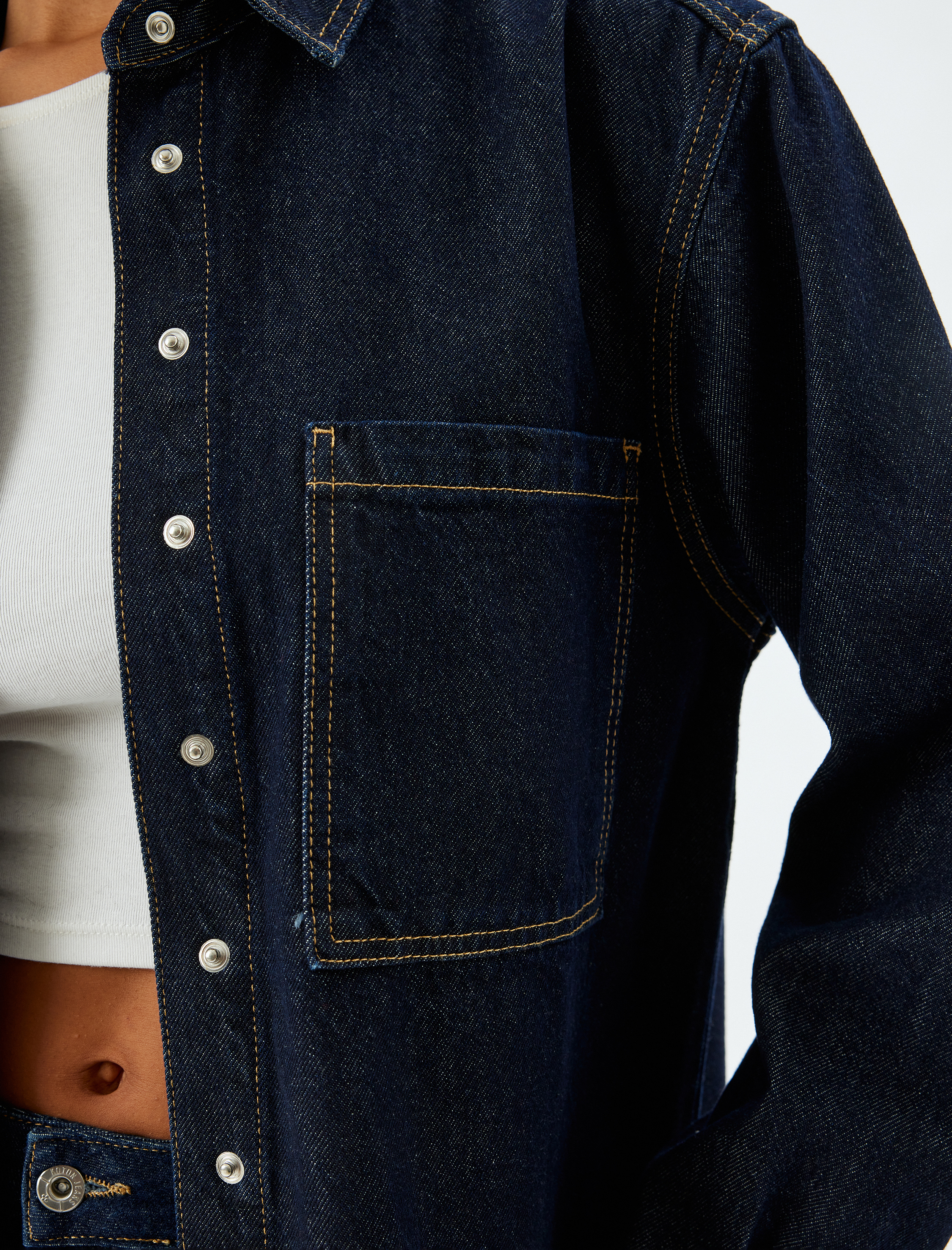   Kot Gömlek Oversize Klasik Yaka Dikiş Detaylı Cepli Çıtçıt Düğmeli