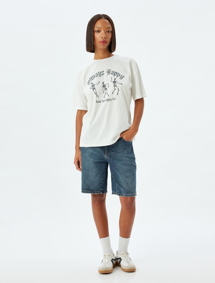  Oversize Tişört Slogan Baskılı Bisiklet Yaka Kısa Kollu Pamuklu