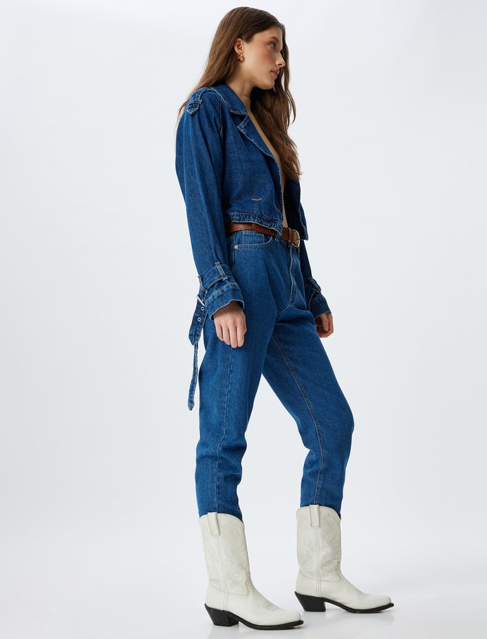  Mom Kot Pantolon Yüksek Bel Düğmeli Cepli Pamuklu - Mom Fit Jean