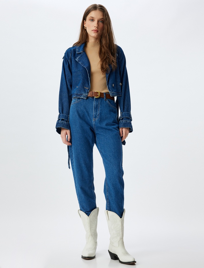  Mom Kot Pantolon Yüksek Bel Düğmeli Cepli Pamuklu - Mom Fit Jean