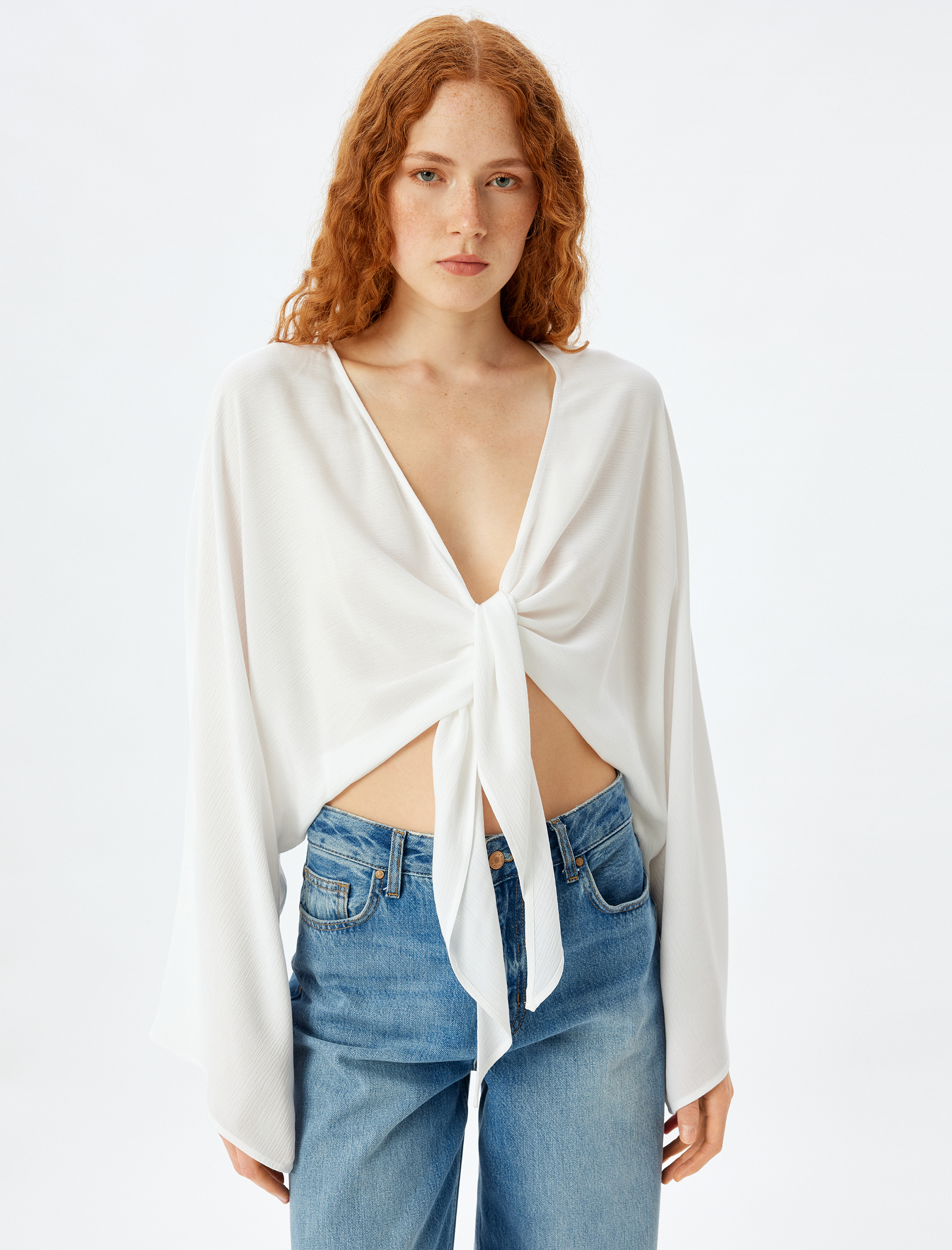 Viskon Crop Bluz Kruvaze Önden Bağlamalı Geniş Uzun Çan Kol