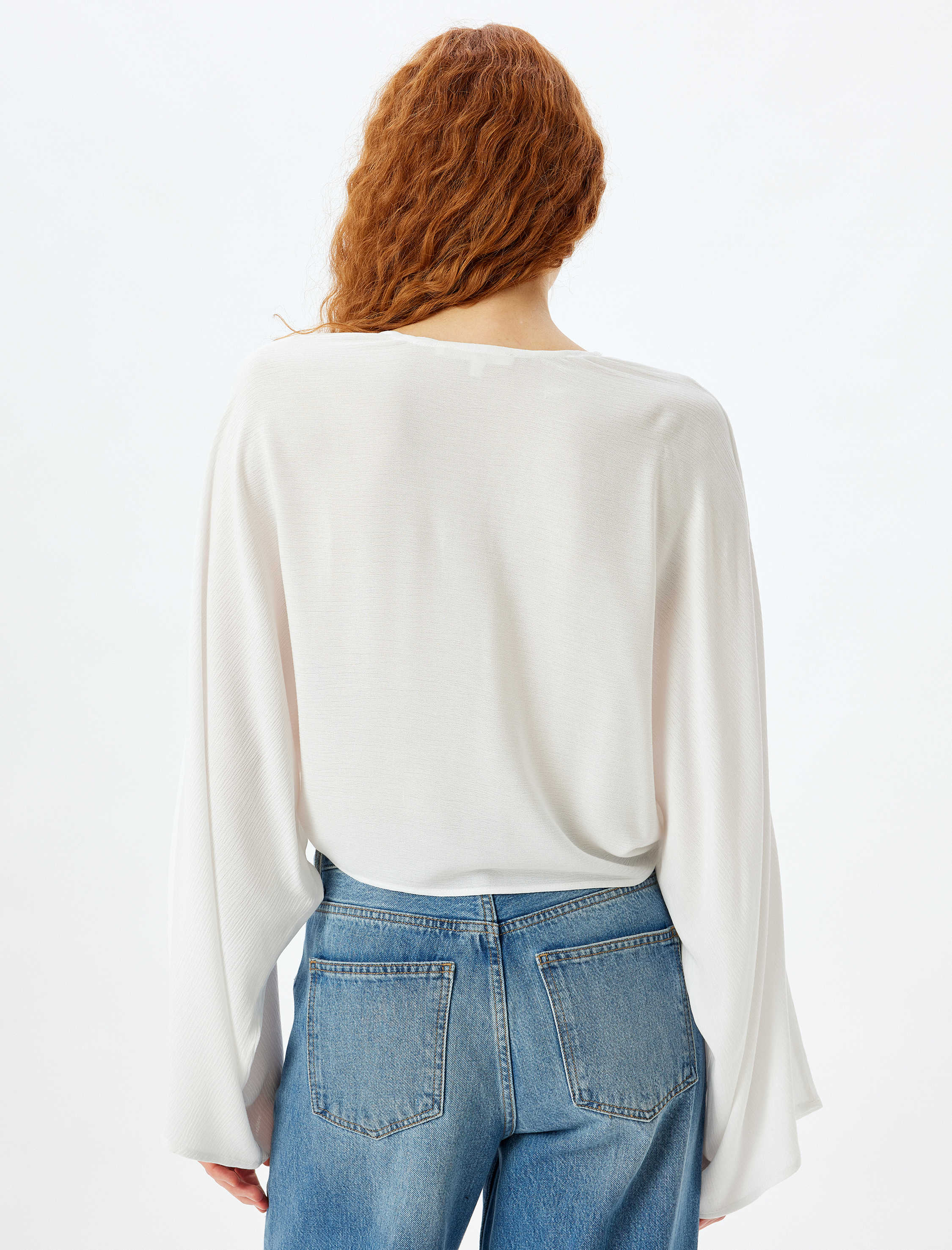 Viskon Crop Bluz Kruvaze Önden Bağlamalı Geniş Uzun Çan Kol