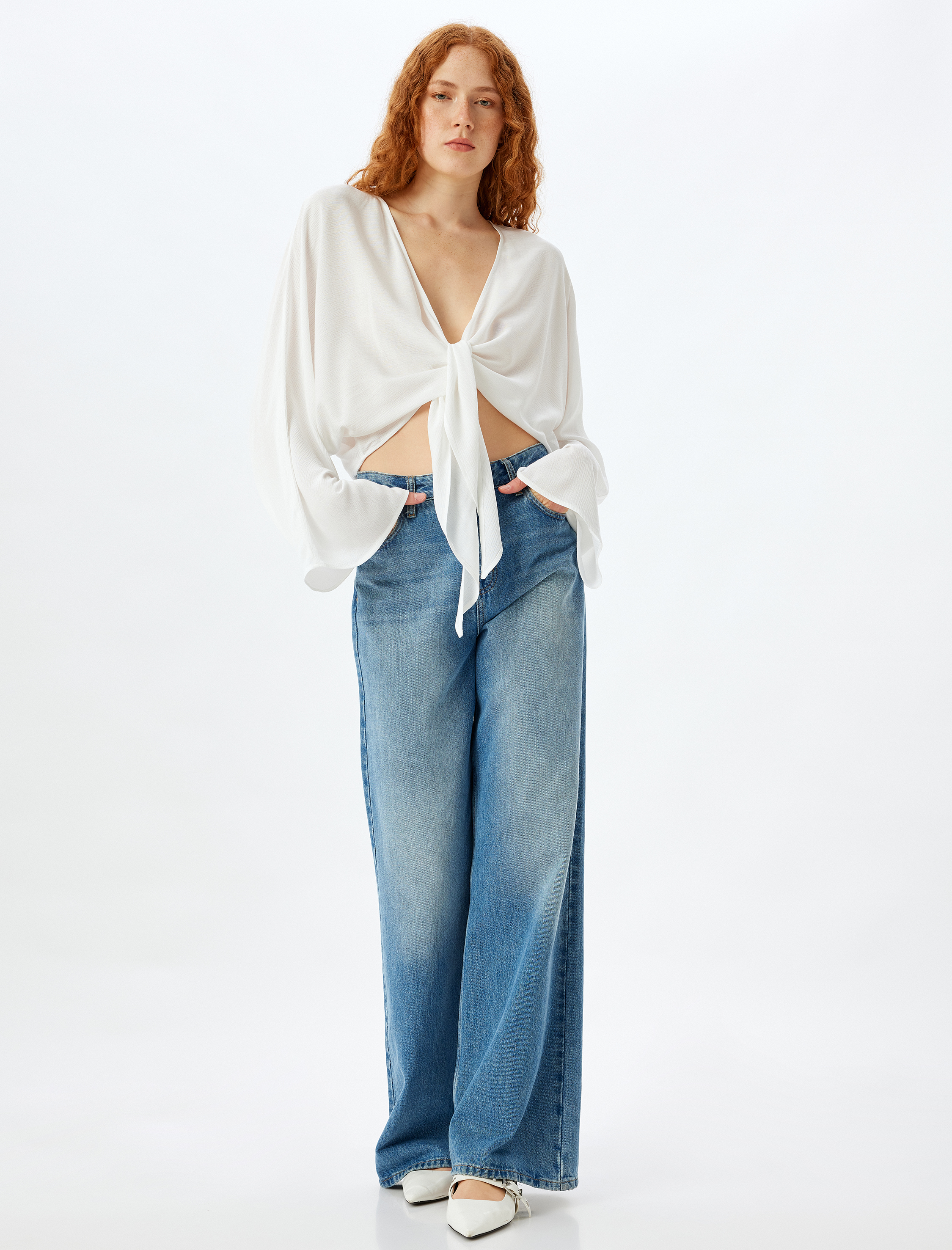 Viskon Crop Bluz Kruvaze Önden Bağlamalı Geniş Uzun Çan Kol