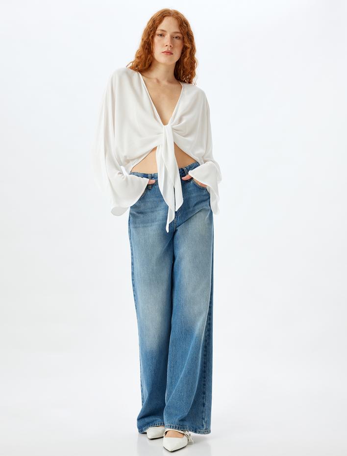  Viskon Crop Bluz Kruvaze Önden Bağlamalı Geniş Uzun Çan Kol