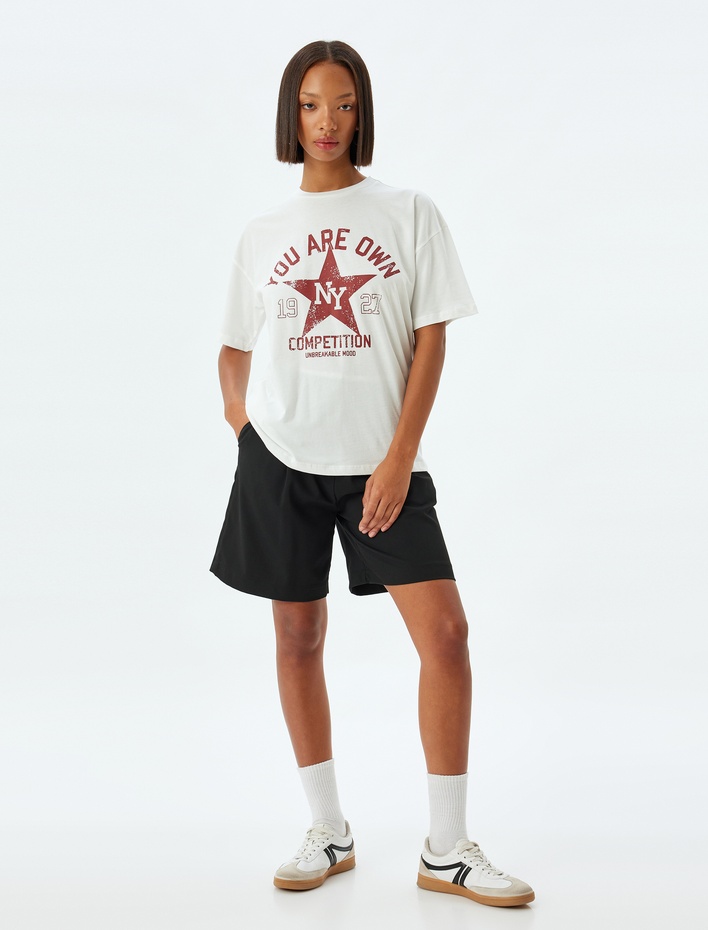  Oversize Tişört Kolej Baskılı Bisiklet Yaka Kısa Kollu Pamuklu