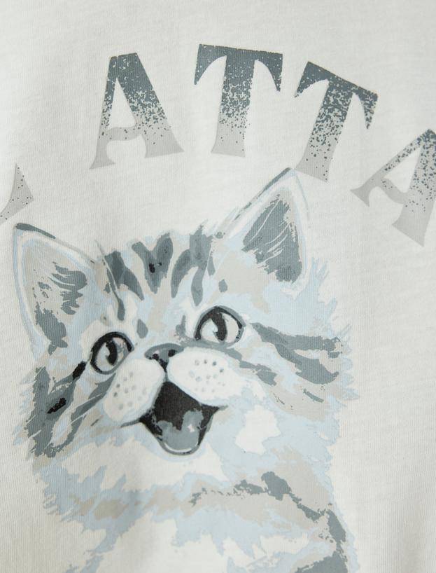 Oversize Tişört Kedi Baskılı Bisiklet Yaka Kısa Kollu Pamuklu_5