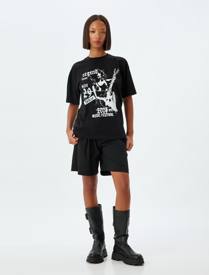  Oversize Tişört Slogan Baskılı Bisiklet Yaka Kısa Kollu Pamuklu