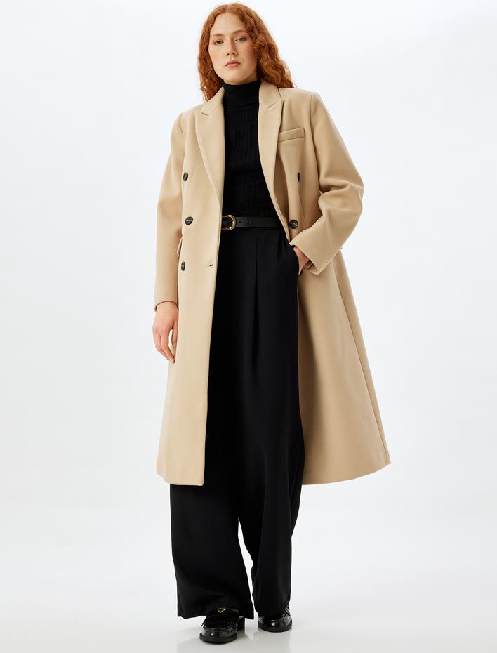  Uzun Kaşe Kaban Kruvaze Düğmeli Cepli