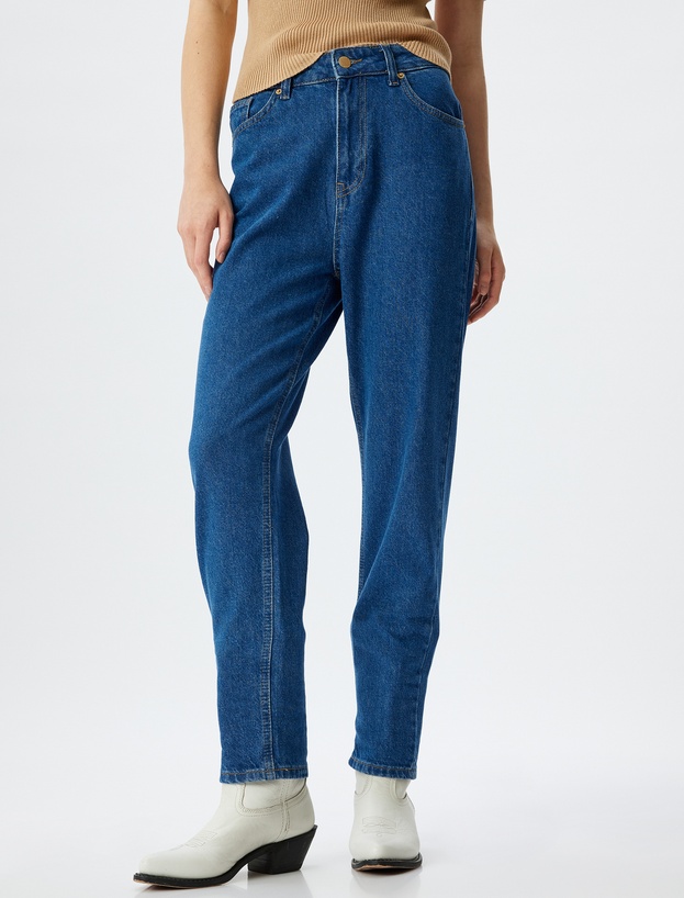 Mom Kot Pantolon Yüksek Bel Düğmeli Cepli Pamuklu - Mom Fit Jean_2