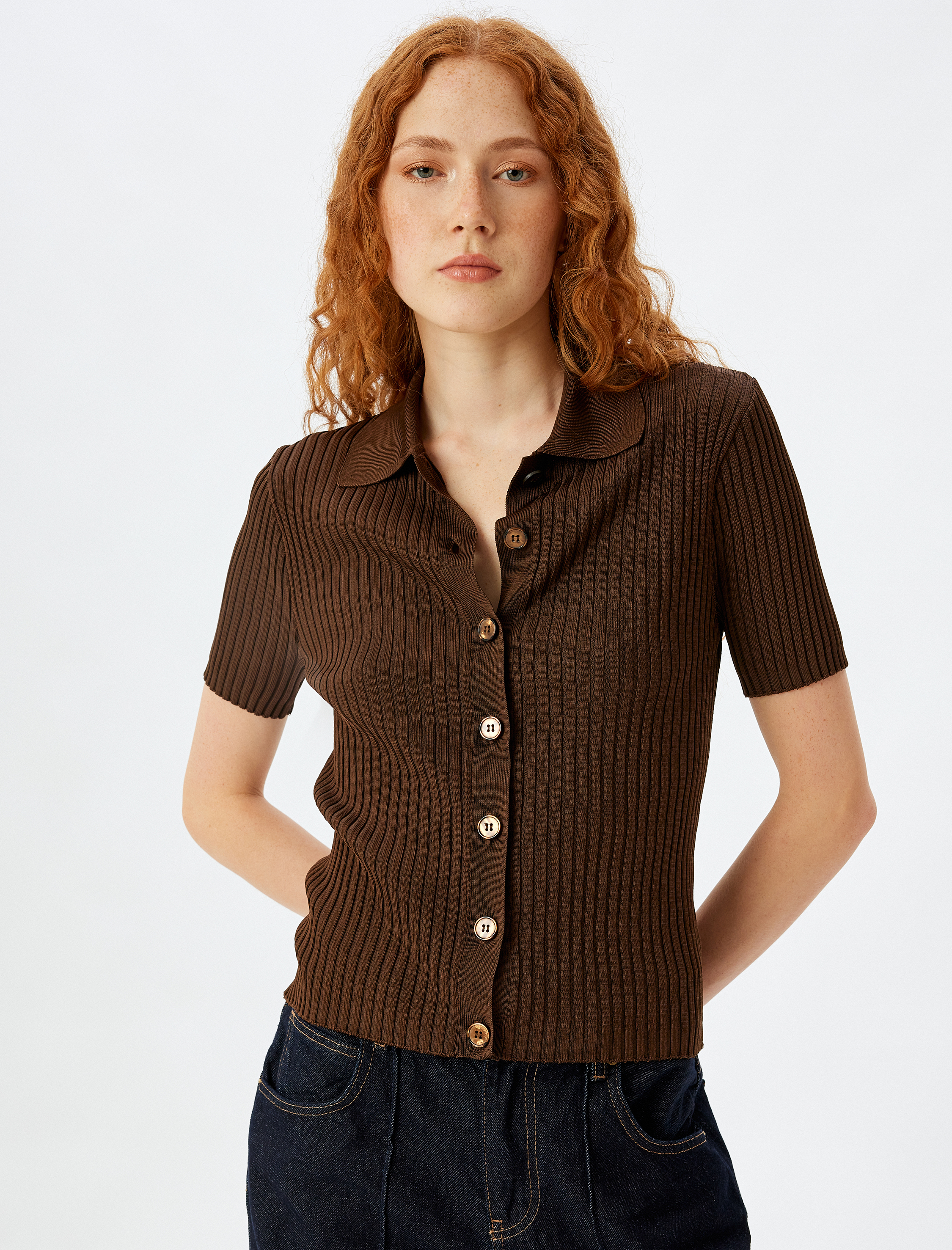   Polo Yaka Triko Kazak Kısa Kollu Düğmeli