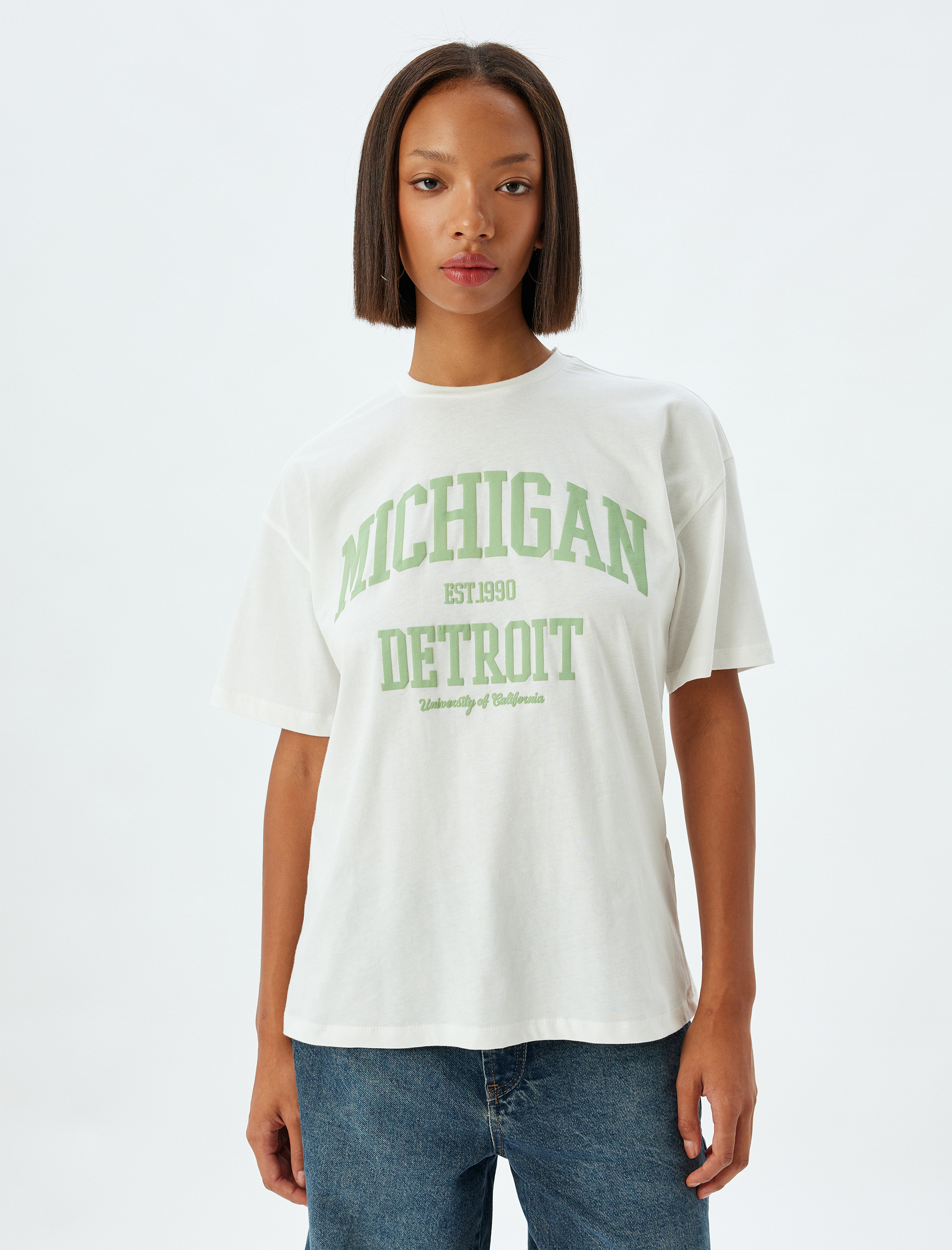   Oversize Tişört Kolej Baskılı Bisiklet Yaka Kısa Kollu Pamuklu