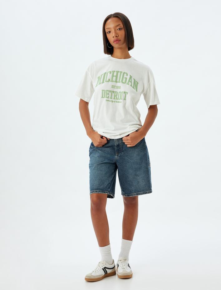  Oversize Tişört Kolej Baskılı Bisiklet Yaka Kısa Kollu Pamuklu