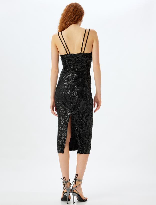 Pullu Payetli Abiye Elbise Midi Boy Çift Askılı Yırtmaçlı Kalp Yaka Slim Fit_3