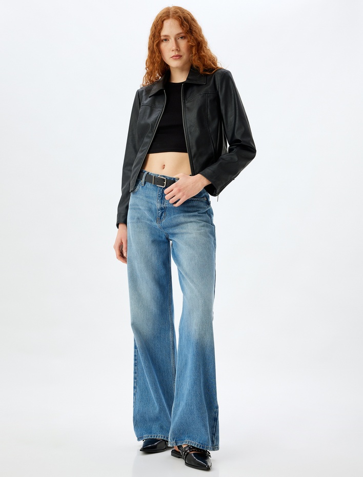  Kısa Suni Deri Ceket Fermuarlı Cepli