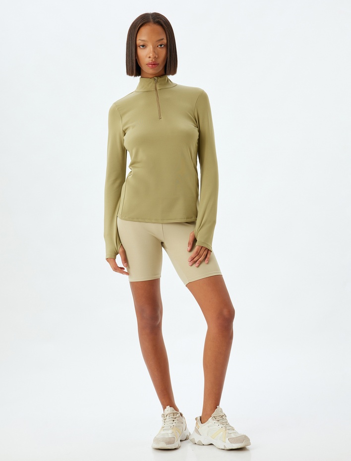  Yarım Fermuarlı Spor Sweatshirt Dik Yaka Yumuşak Tuşe Şardonlu Slim Fit