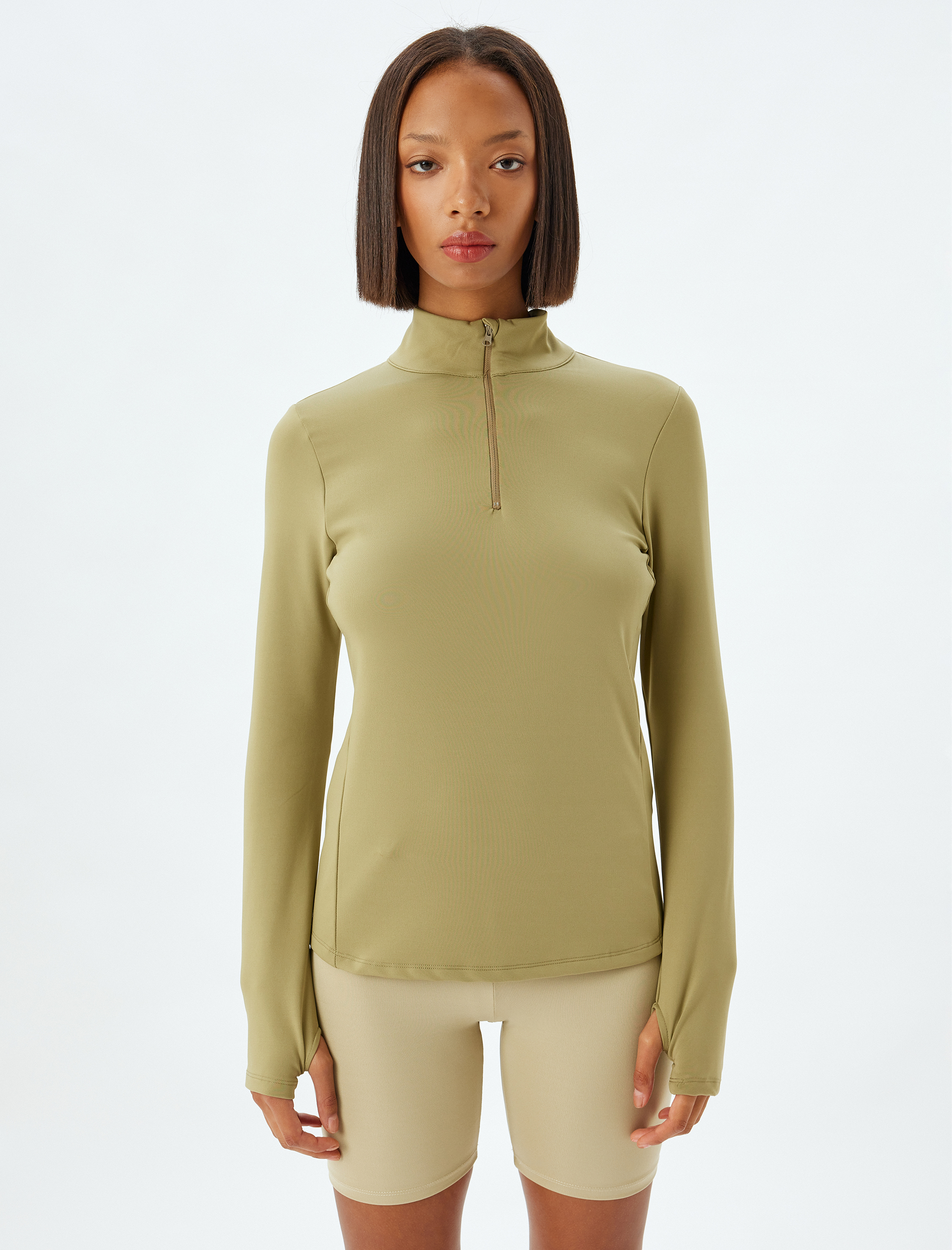   Yarım Fermuarlı Spor Sweatshirt Dik Yaka Yumuşak Tuşe Şardonlu Slim Fit