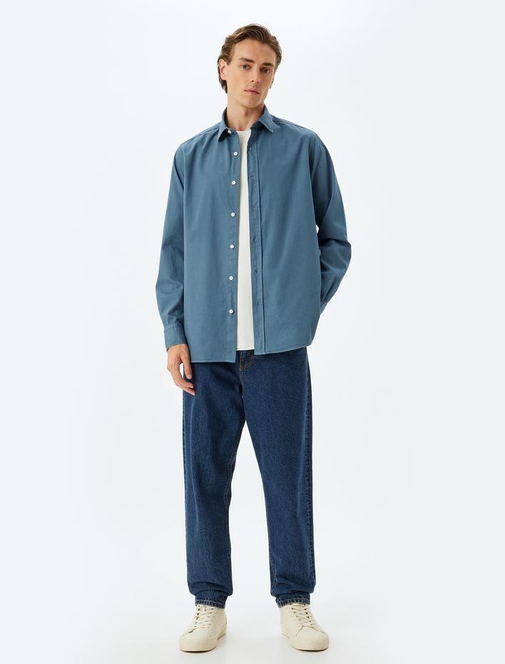  Basic Gömlek Uzun Kollu Yarım İtalyan Yaka Düğmeli Pamuklu Regular Fit