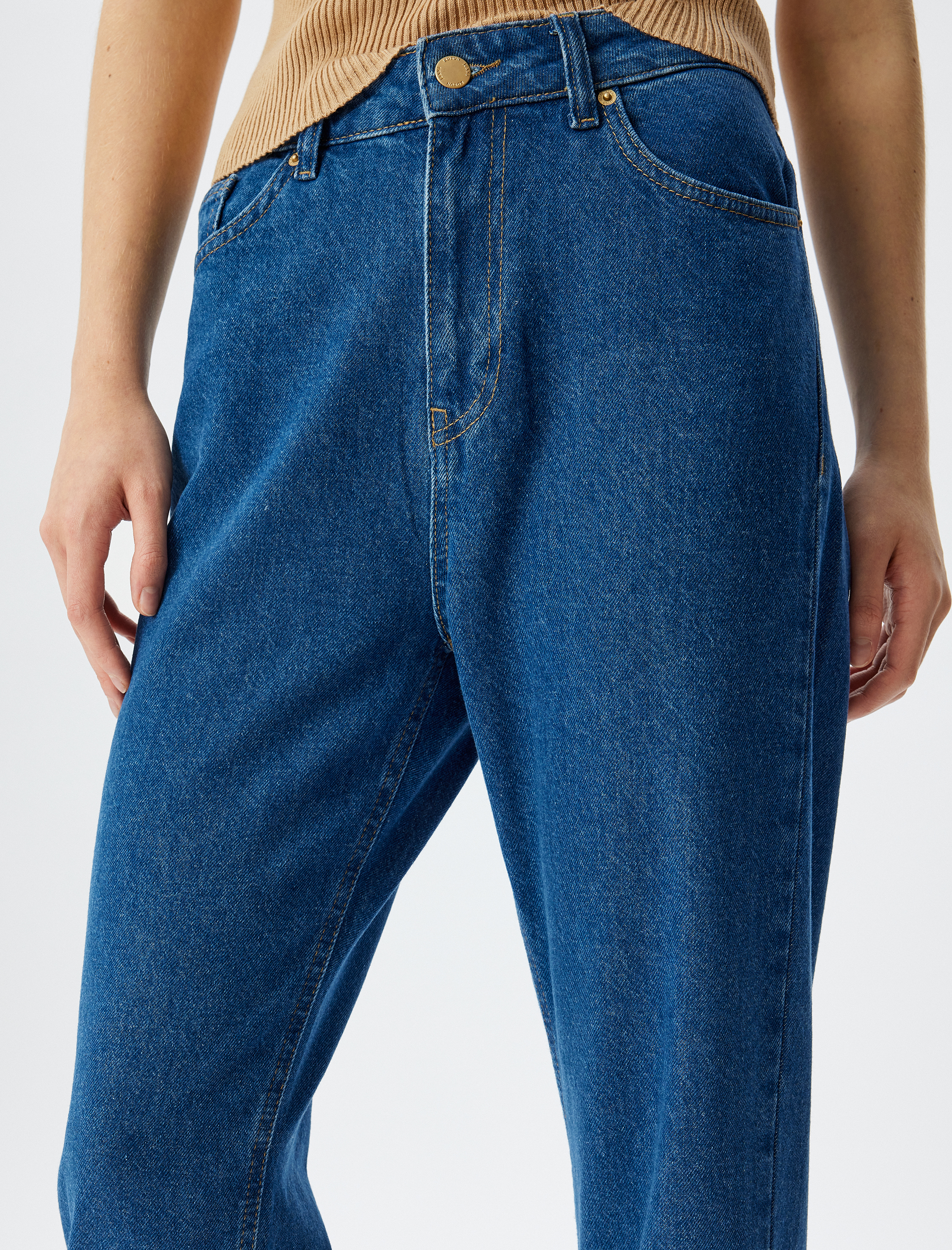Mom Kot Pantolon Yüksek Bel Düğmeli Cepli Pamuklu - Mom Fit Jean