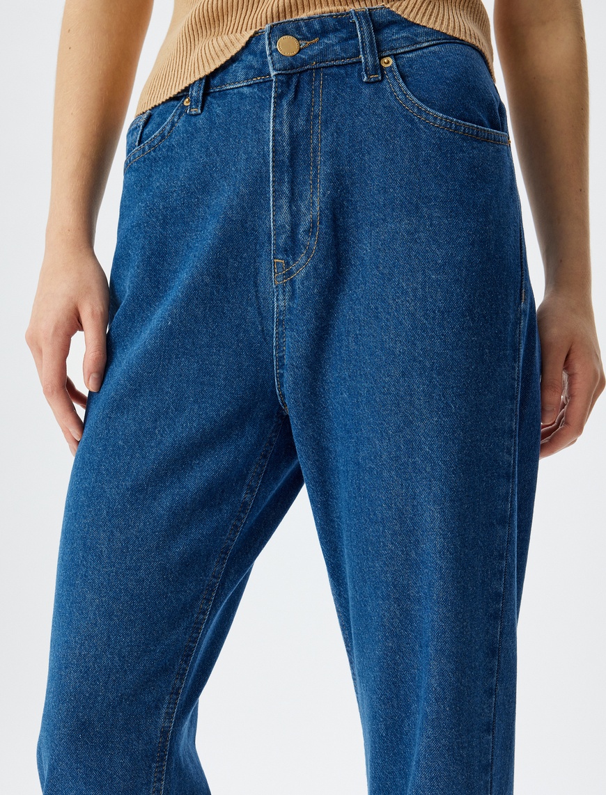   Mom Kot Pantolon Yüksek Bel Düğmeli Cepli Pamuklu - Mom Fit Jean