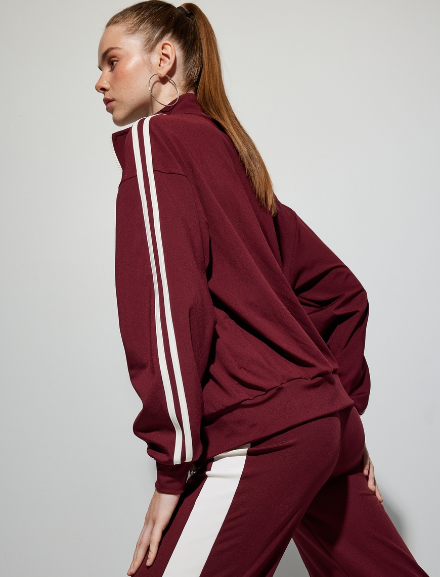   Oversize Spor Sweatshirt Fermuarlı Biyeli Dik Yaka Cep Detaylı İnterlok