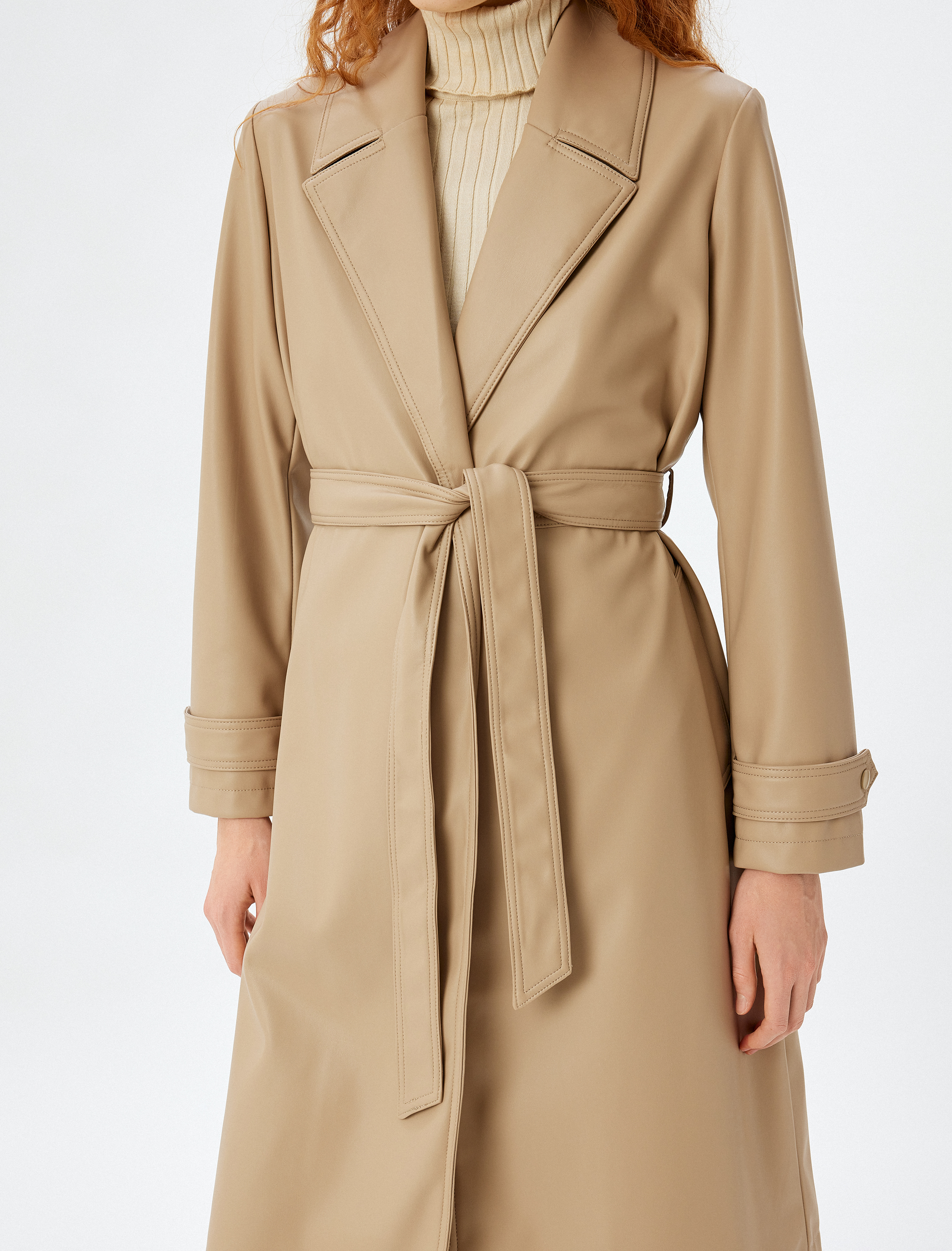 Uzun Suni Deri Trençkot Kruvaze Kemerli Cepli Düğmeli