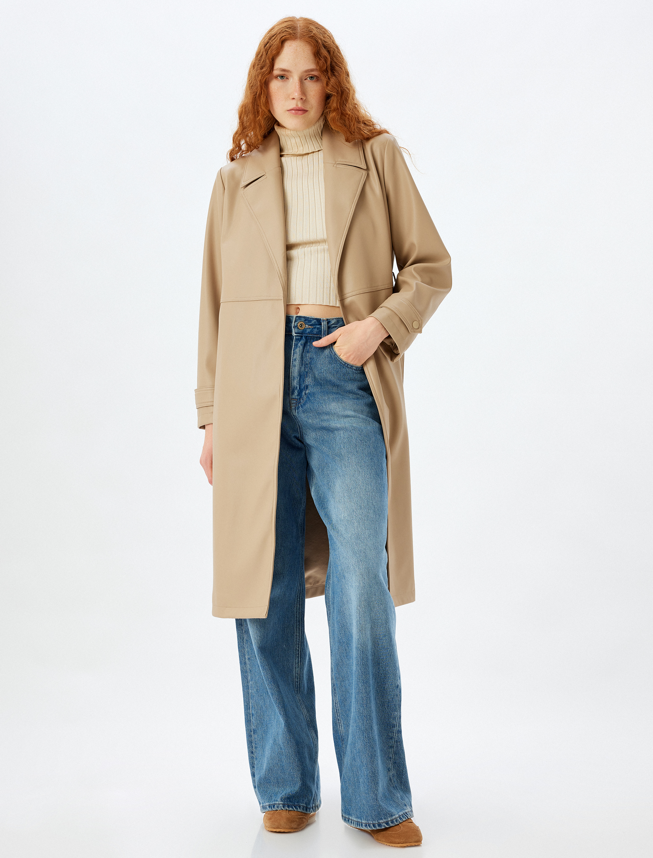 Uzun Suni Deri Trençkot Kruvaze Kemerli Cepli Düğmeli