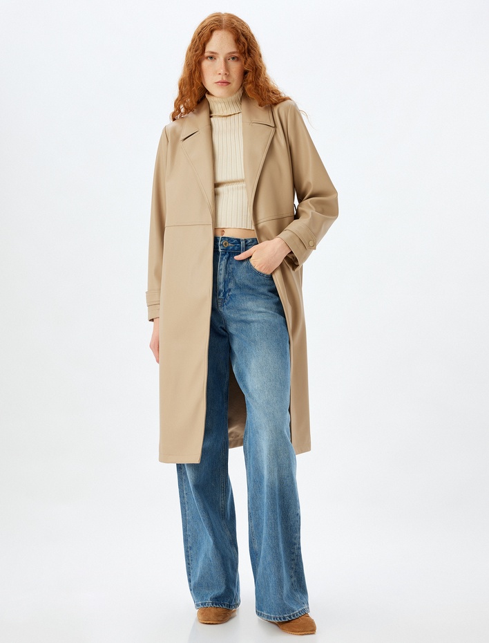  Uzun Suni Deri Trençkot Kruvaze Kemerli Cepli Düğmeli