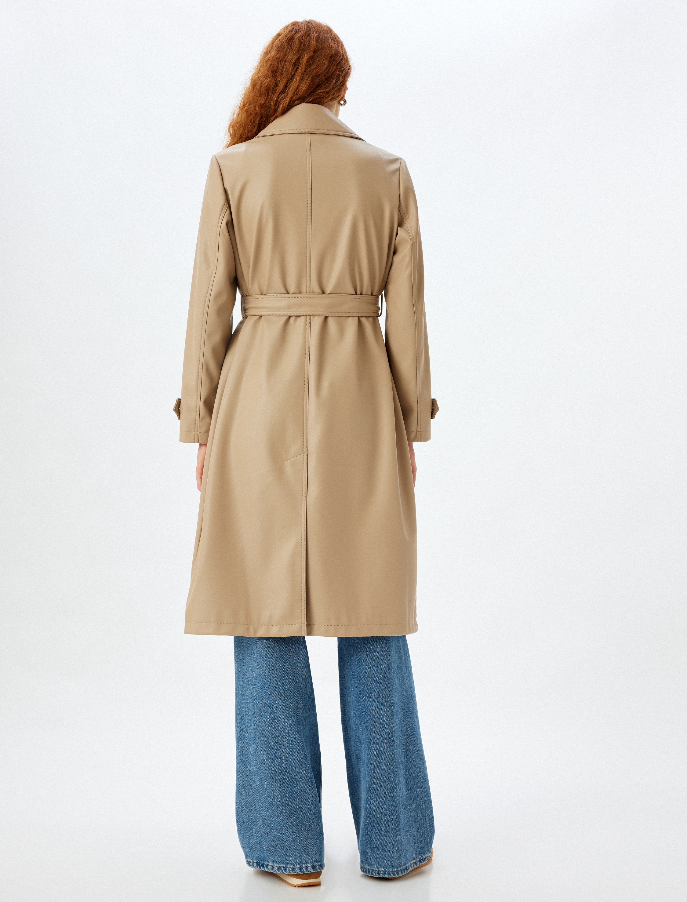 Uzun Suni Deri Trençkot Kruvaze Kemerli Cepli Düğmeli