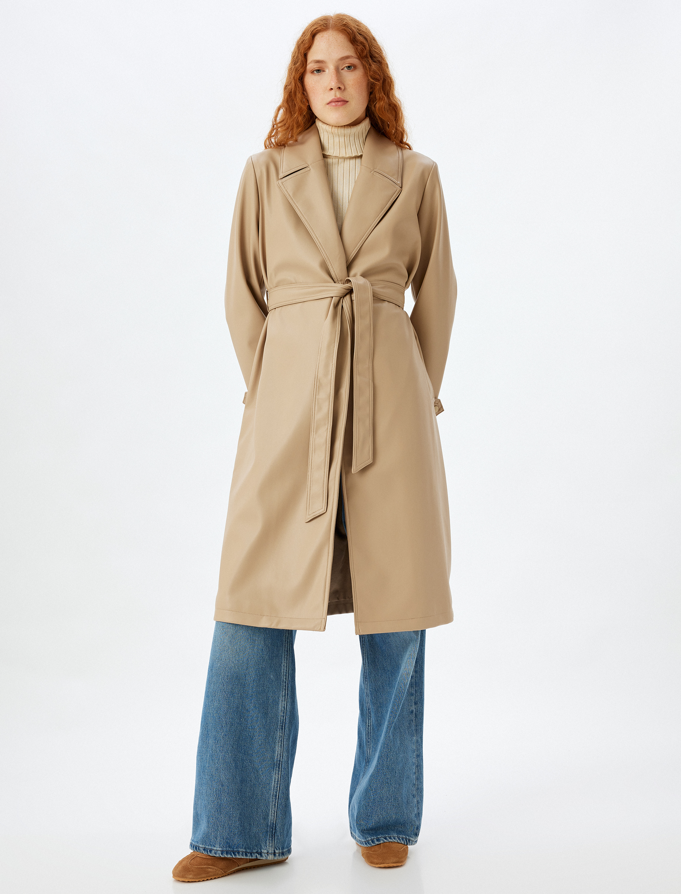 Uzun Suni Deri Trençkot Kruvaze Kemerli Cepli Düğmeli