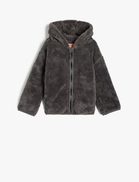 Peluş Sweat Kapşonlu Fermuarlı Uzun Kollu
