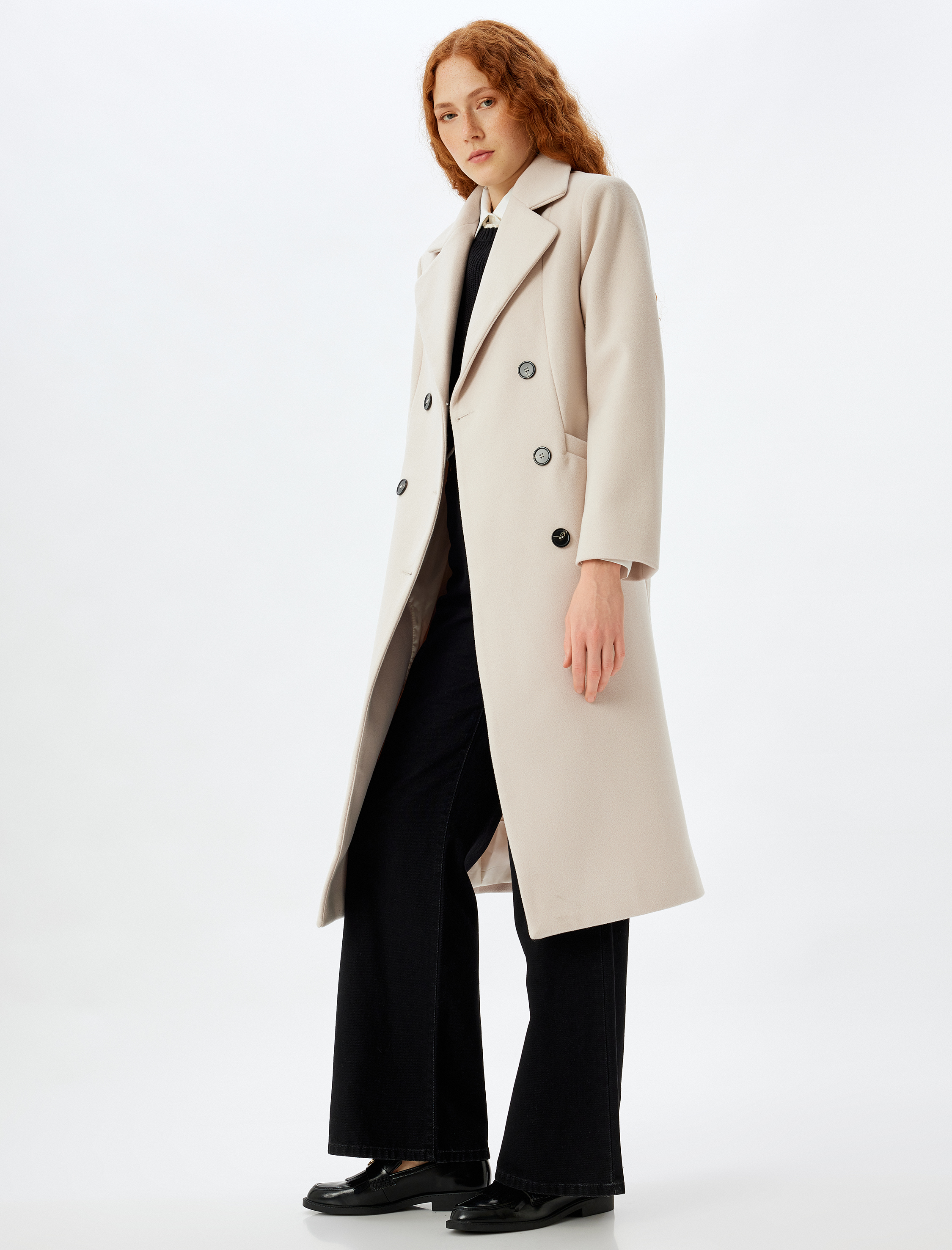   Uzun Kaşe Kaban Kruvaze Düğmeli Cepli