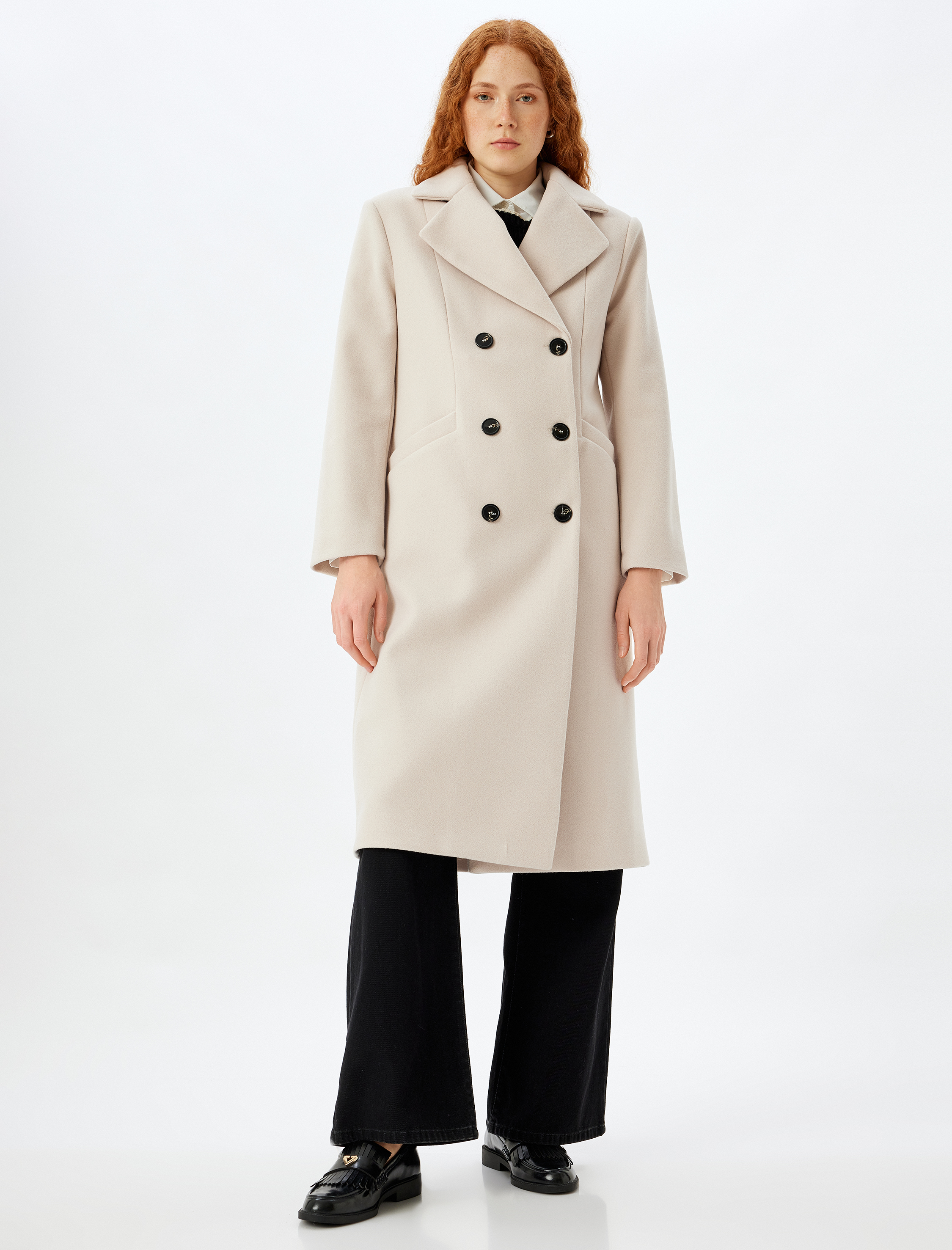   Uzun Kaşe Kaban Kruvaze Düğmeli Cepli