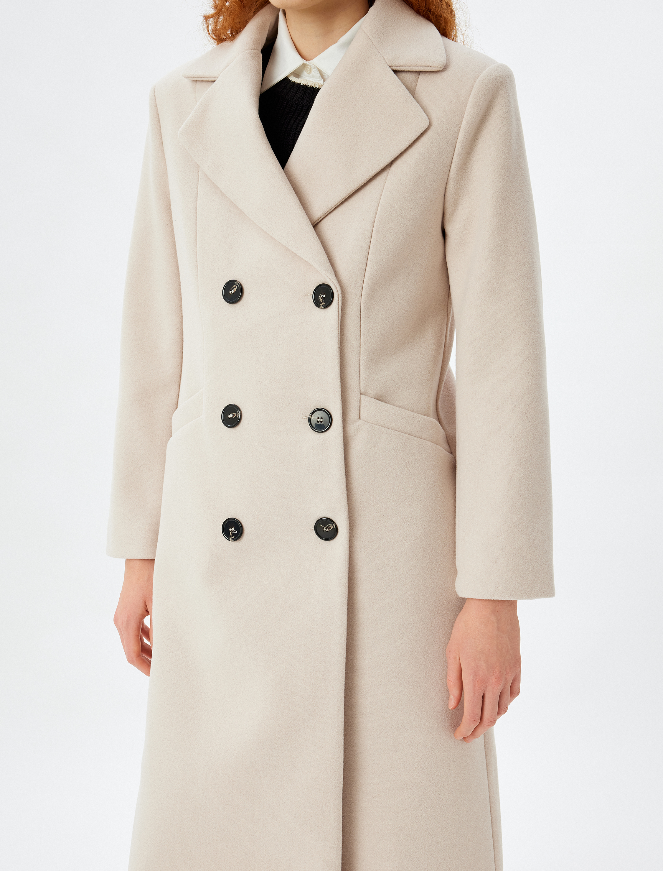   Uzun Kaşe Kaban Kruvaze Düğmeli Cepli