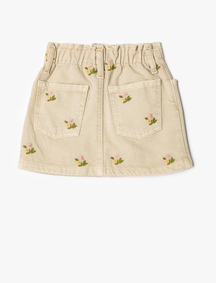 Kız Bebek Çiçek İşlemeli Cep Detaylı Pamuklu Denim Etek