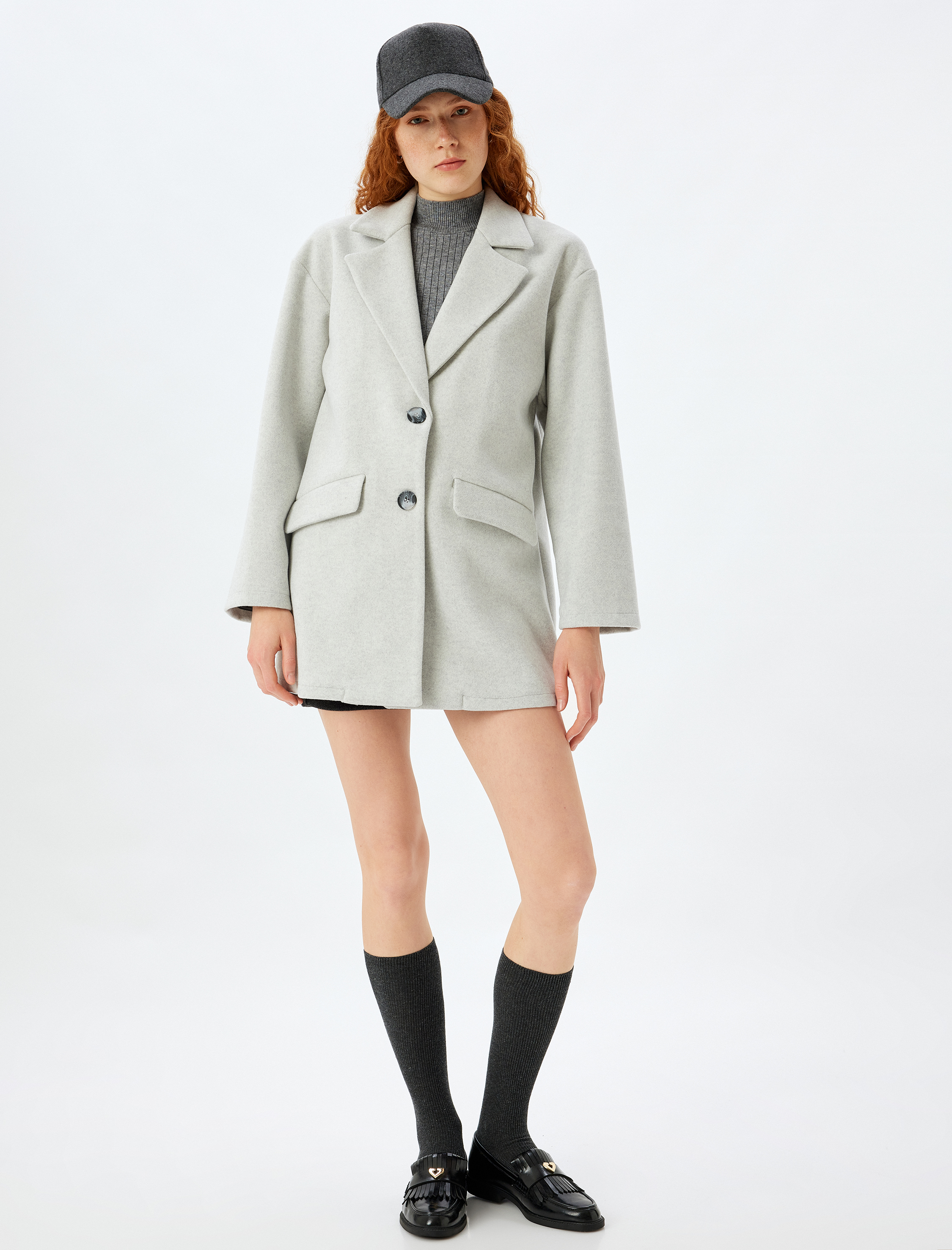 Düğmeli Cepli Kruvaze Kaşe Kaban