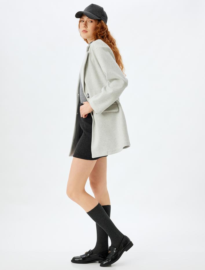  Düğmeli Cepli Kruvaze Kaşe Kaban