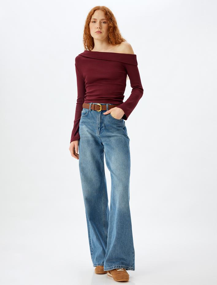  Madonna Yaka Omzu Açık Tişört Kat Detaylı Fitilli Uzun Kollu Slim Fit