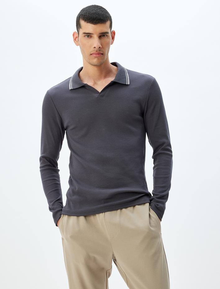  Slim Fit Uzun Kollu Pamuklu V Polo Yaka Tişört