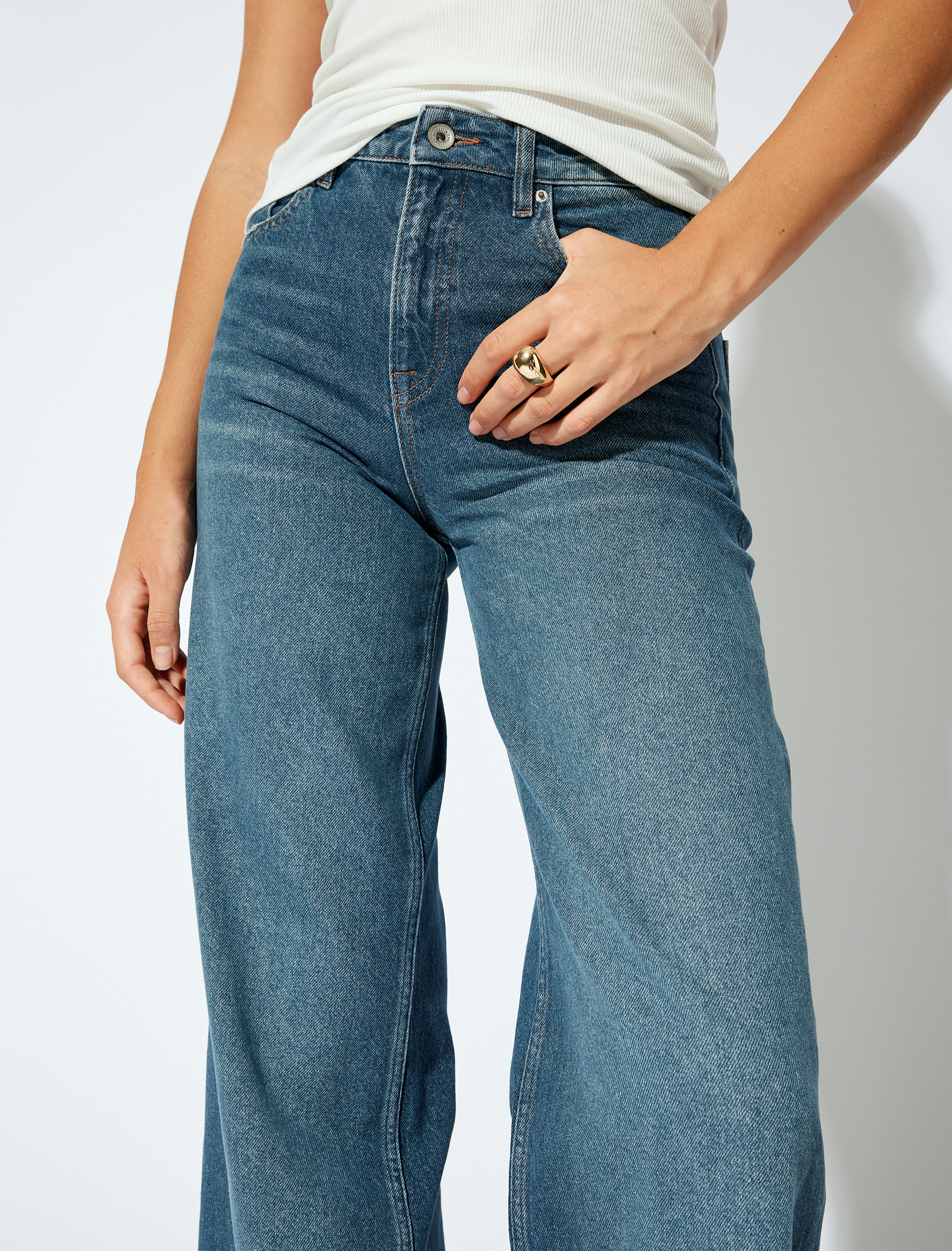 Bol Paça Kot Pantolon Normal Bel Straight Fit Düğmeli Cepli Pamuklu - Straight Fit Jeans