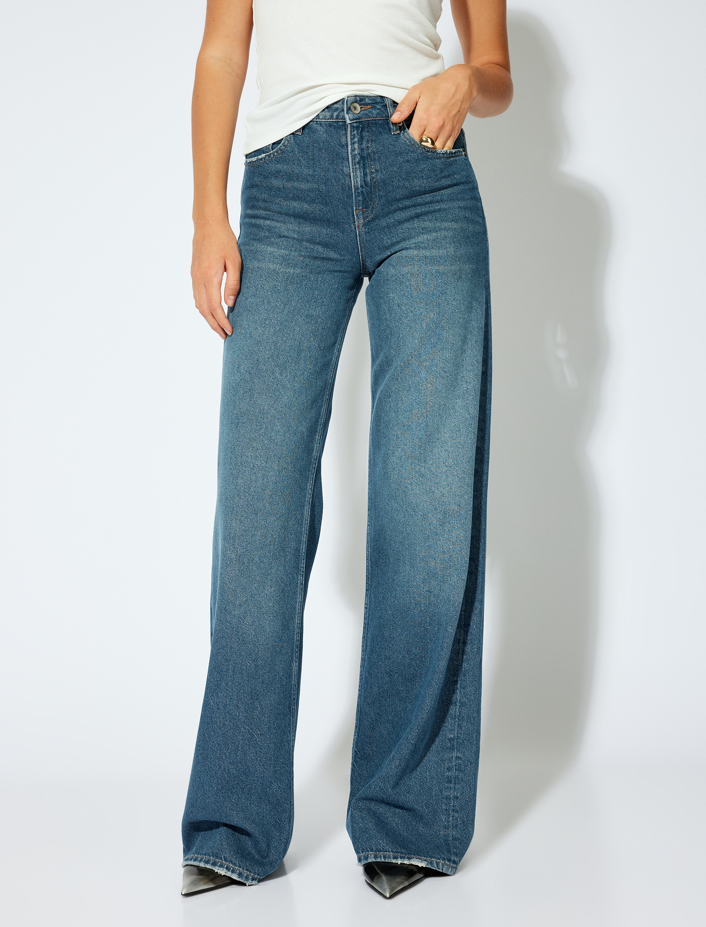 Bol Paça Kot Pantolon Normal Bel Straight Fit Düğmeli Cepli Pamuklu - Straight Fit Jeans